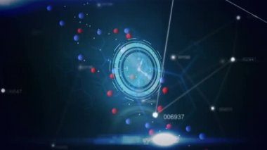 DNA ipliği üzerinde hareket eden saatin ve veri işlemesinin animasyonu. bilim ve dijital arayüz kavramı dijital olarak oluşturulmuş video.
