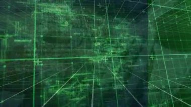 Animation of data processing over green grid. global science research and technology concept digitally generated video.