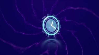 Animation of clock and purple energy on dark blue background. time passing, colour and movement concept digitally generated video.