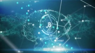 Animation of digital brain and countdown over dna strand. science and digital interface concept digitally generated video.