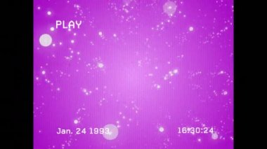 Animation of glitch interference over glowing spots on purple background. digital interface, data processing and technology concept digitally generated video.