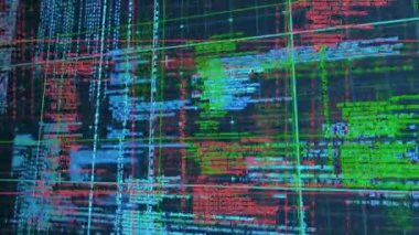 Karanlık arka planda bilimsel veri işleme animasyonu. Dijital ortamda üretilmiş küresel bilim ve teknoloji kavramı.