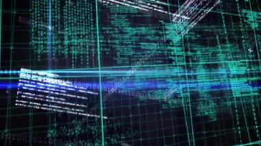 Karanlık arka planda bilimsel veri işleme animasyonu. Dijital ortamda üretilmiş küresel bilim ve teknoloji kavramı.