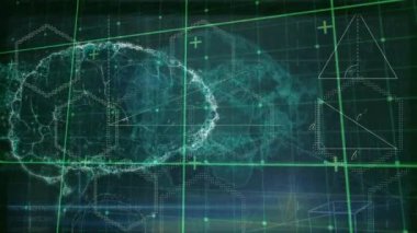 Animation of human brain over green grid. global science research and technology concept digitally generated video.