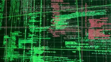 Karanlık arka planda bilimsel veri işleme animasyonu. Dijital ortamda üretilmiş küresel bilim ve teknoloji kavramı.