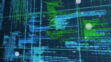 Karanlık arka planda bilimsel veri işleme animasyonu. Dijital ortamda üretilmiş küresel bilim ve teknoloji kavramı.