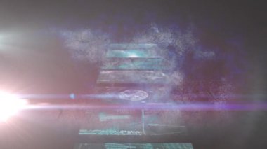 Animation of digital screens and light trails on black background. global business and digital interface concept digitally generated video.