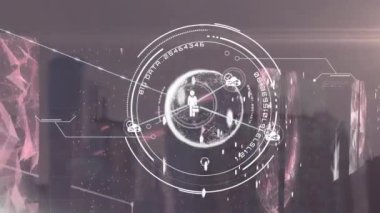 Şehir manzarası üzerindeki simgeler ve veri işleme ağlarıyla bağlantının animasyonu. küresel bağlantılar, iş dünyası, dijital arayüz, teknoloji ve ağ konsepti dijital olarak oluşturulmuş video.