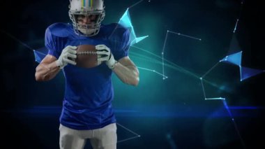 Amerikan futbolcusunun mavi ve siyah arka planda dönen dünyayı canlandırması. global spor, rekabet ve bağlantılar dijital olarak oluşturulmuş video konsepti.