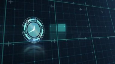 Animation of clock over grid. global connections, business, digital interface, technology and networking concept digitally generated video.