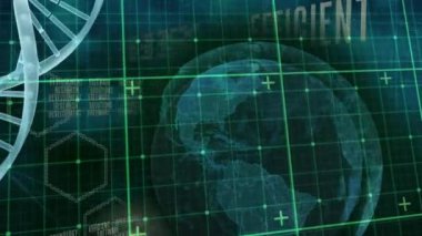Şebeke ve dünya üzerinde dönen DNA iplikçiklerinin animasyonu. Dijital ortamda üretilmiş küresel bilim ve teknoloji kavramı.