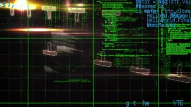 Karanlık arka planda bilimsel veri işleme animasyonu. Dijital ortamda üretilmiş küresel bilim ve teknoloji kavramı.