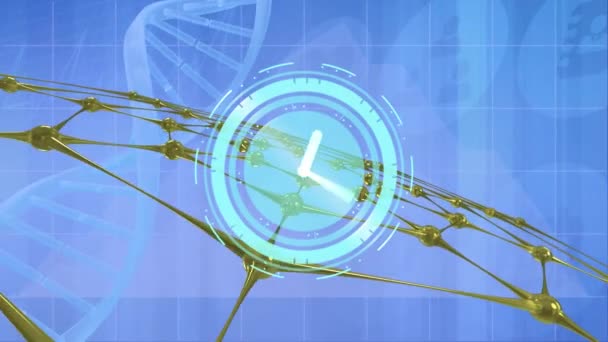 在科学数据处理上的时钟动画 全球科学研究和技术概念数码视频 — 图库视频影像