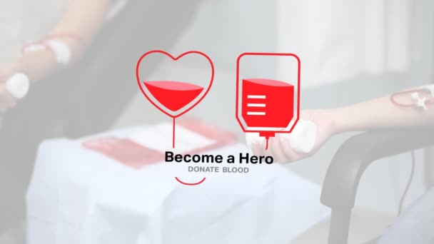 Animation Heart Shape Blood Bag Become Hero Text Caucasian Female — Stock Video