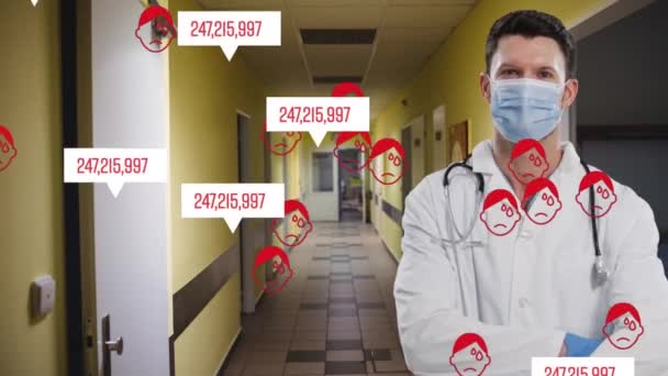 Animación Números Que Cambian Sobre Médico Masculino Caucásico Con Máscara — Vídeos de Stock