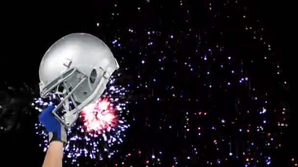Анимация Рукопожатия Американского Футбольного Шлема Над Фейерверком Черном Фоне Глобальный — стоковое видео