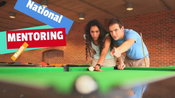 Animation National Mentoring Month Text Diverse Couple Playing Billard Teaching — Stock Video