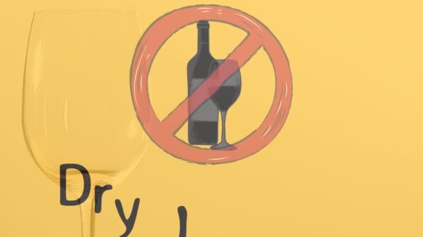 Animation Prohibition Sign Glass Wine Yellow Background New Year Day — Vídeo de Stock