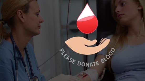 血滴动画 请在有病人的高加索女医生身上捐献血液文本 献血日 概念数码录像 — 图库视频影像