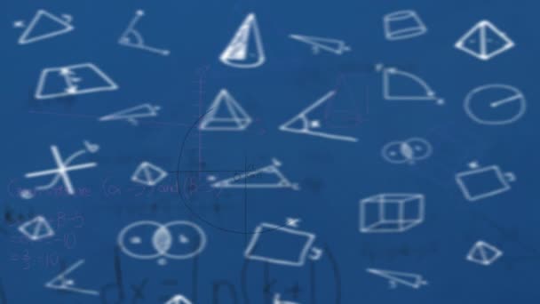 Animation Mathematical Equations Shapes Blue Background School Education Digital Interface — Vídeo de stock