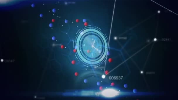 Animation Der Uhrbewegung Und Datenverarbeitung Über Den Dna Strang Wissenschaft — Stockvideo
