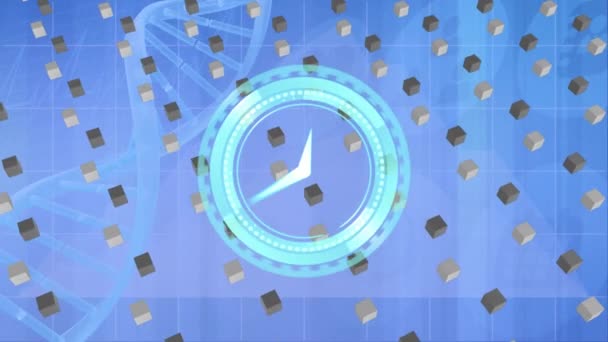 Animación Del Reloj Sobre Procesamiento Datos Científicos Concepto Global Investigación — Vídeos de Stock