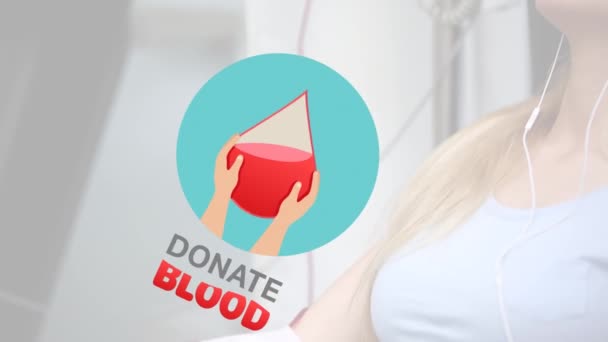 Animación Gota Sangre Donar Texto Sangre Sobre Paciente Mujer Caucásica — Vídeos de Stock