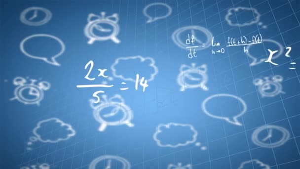 Animazione Equazioni Matematiche Icone Scolastiche Sfondo Blu Scuola Istruzione Interfaccia — Video Stock