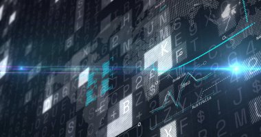 Karanlık arka plandaki veri işleme üzerinden finansal grafik. küresel bağlantılar, iş dünyası, dijital arayüz, teknoloji ve ağ konsepti dijital olarak oluşturulmuş görüntü.
