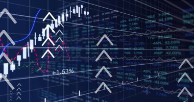 Finansal veri işleme üzerindeki oklar. küresel iş, finans ve dijital arayüz kavramı dijital olarak oluşturulmuş görüntü.