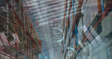 Depodaki finansal veri işleme görüntüsü. küresel iş, veri işleme, dijital arayüz, teknoloji ve gönderme konsepti dijital olarak oluşturuldu.