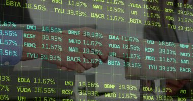 Image of financial data processing over business people shaking hands in meeting. global business, connections and data processing concept digitally generated image.