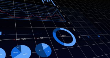 Image of statistics and financial data processing over grid. global business, finances, data processing, digital interface and technology concept digitally generated image.