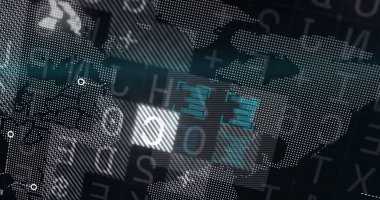 Karanlık arka plandaki veri işleme üzerinden finansal grafik. küresel bağlantılar, iş dünyası, dijital arayüz, teknoloji ve ağ konsepti dijital olarak oluşturulmuş görüntü.