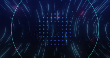 Image of blue dots and circles over blue light trails background. colour, light and movement concept digitally generated image.