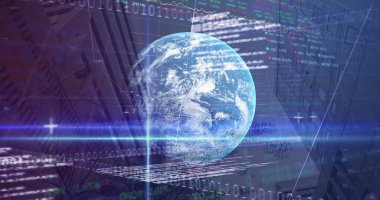Image of statistics, binary coding and financial data processing over globe. global business, finances, connections and data processing concept digitally generated image.