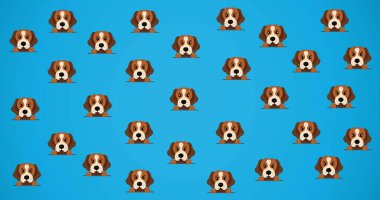 Mavi arka planda sevimli kedi ve köpek portrelerinin tekrarlanması. evcil hayvan ve evcil hayvan konsepti dijital olarak oluşturuldu.