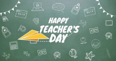 Yeşil arkaplandaki okul öğeleri simgeleri üzerinden mutlu öğretmenler günü mesajı resmi. eğitim, bilgi ve okul konsepti dijital olarak oluşturulmuş imaj.