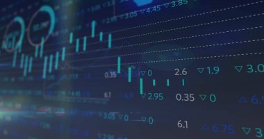 Mavi arka planda istatistik ve finansal veri işleme resmi. küresel iş, finans ve dijital arayüz kavramı dijital olarak oluşturulmuş görüntü.