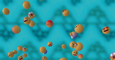 Image of social media emoji icons flying over patterned blue background. global social media, connections, communication and technology concept digitally generated image.