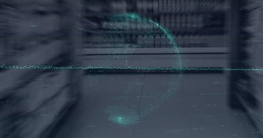 Boş binaların içerisindeki küresel ve veri işleme görüntüsü. küresel veri işleme, iş, dijital arayüz, teknoloji ve ağ konsepti dijital olarak oluşturuldu.