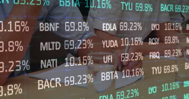 Image of financial data processing over business people in meeting. global business and data processing concept digitally generated image.