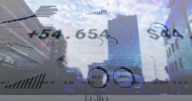 Image of financial data processing and statistics over cityscape. global business, finances, data processing and digital interface concept digitally generated image.