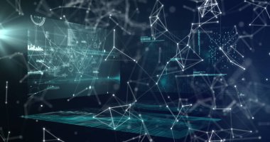 Mavi zemin üzerinde veri işleme ile ekranlar karşı bağlantılar ağı üzerinde dijital simgeler. küresel ağ ve bilgisayar arayüzü teknolojisi kavramı