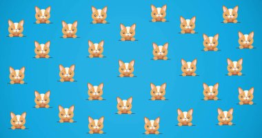 Mavi arka planda sevimli kedi ve köpek portrelerinin tekrarlanması. evcil hayvan ve evcil hayvan konsepti dijital olarak oluşturuldu.