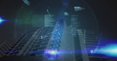 Modern ofis binası ve şebeke üzerinde finansal veri işleme resmi. küresel iş, finans, bağlantılar ve dijital olarak oluşturulmuş görüntü veri işleme kavramı.