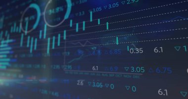 Mavi arka planda istatistik ve finansal veri işleme resmi. küresel iş, finans ve dijital arayüz kavramı dijital olarak oluşturulmuş görüntü.
