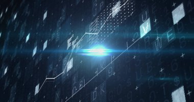 Karanlık arka plandaki veri işleme üzerinden finansal grafik. küresel bağlantılar, iş dünyası, dijital arayüz, teknoloji ve ağ konsepti dijital olarak oluşturulmuş görüntü.