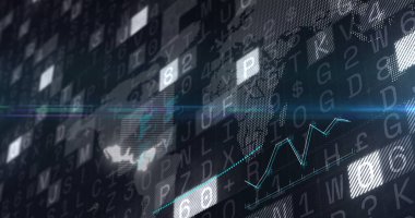 Karanlık arka plandaki veri işleme üzerinden finansal grafik. küresel bağlantılar, iş dünyası, dijital arayüz, teknoloji ve ağ konsepti dijital olarak oluşturulmuş görüntü.
