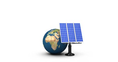 Image of globe with solar panels on white background. global environment and sustainability concept digitally generated image.